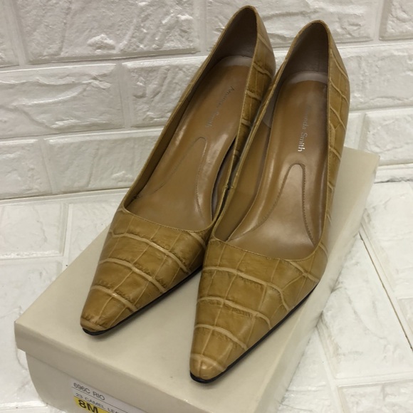 Amanda Smith RIO camel‎ leather mustard faux crocodile pointy heels size 8 - Picture 1 of 5